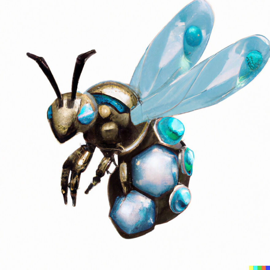 AI-created fantasy world mechanical bee with blue translucent wings and crystal-like body elements on white background.