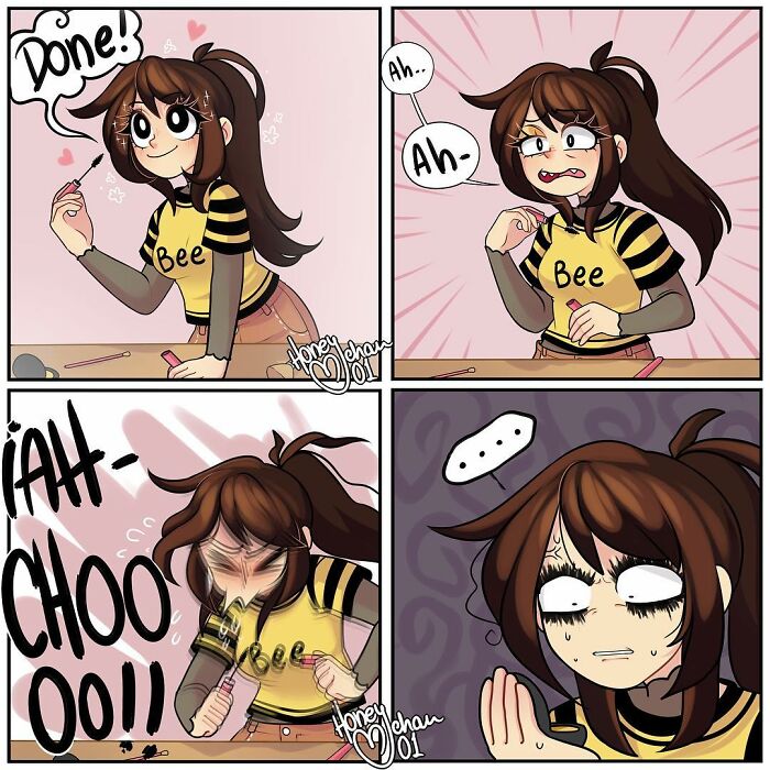 Surrealistic comic strip showing a girl sneezing while applying makeup, illustrating daily modern life struggles.