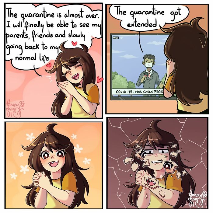 Surrealistic comic depicting daily modern life struggles during quarantine with emotions of hope and disappointment.