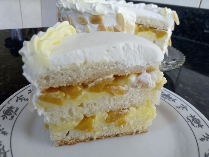 Almond Cake With Pastry Cream, Canned Peaches And Whipped Cream