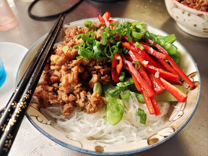 Not Big On The Whole Breakfast Thing So Here's An Early Lunch. Caramelized Pork With Rice Noodles And Veggies. Sorry For The Messy Countertop