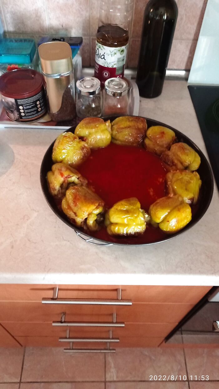 Minced Meat And Rice Stuffed Peppers With Tomato Sauce, Greek Style