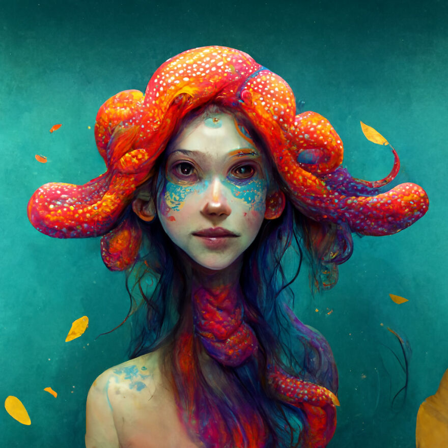 Fantasy world AI creation of a woman with vibrant octopus-like tentacles as hair and colorful facial markings.