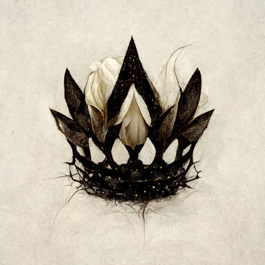 Dark fantasy crown with white petals and black leaves, showcasing the power of AI in creating a unique fantasy world.