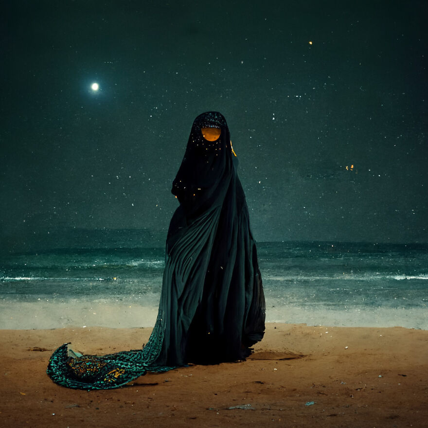 A mysterious figure in dark robes stands on a beach at night, showcasing the power of AI in creating fantasy worlds.