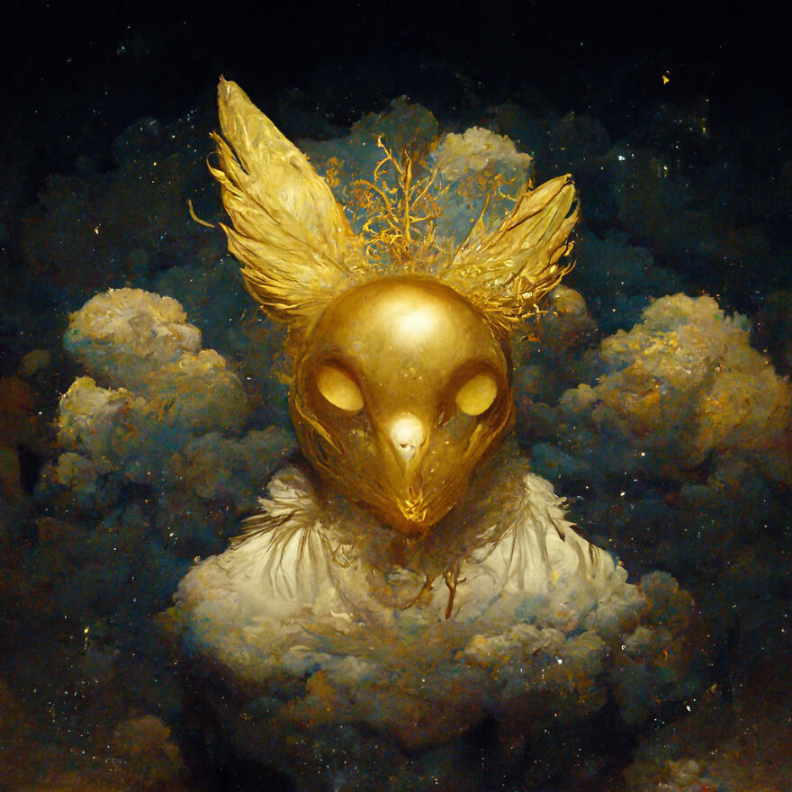 Golden bird-like mask with wings surrounded by clouds and cosmic background in an AI-created fantasy world scene.