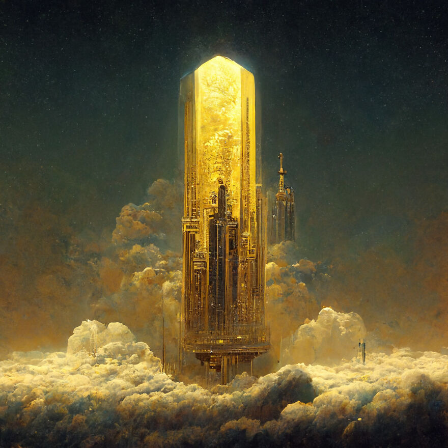 Golden futuristic tower rising above clouds in a fantasy world created with the power of AI, blending real and imagined elements.