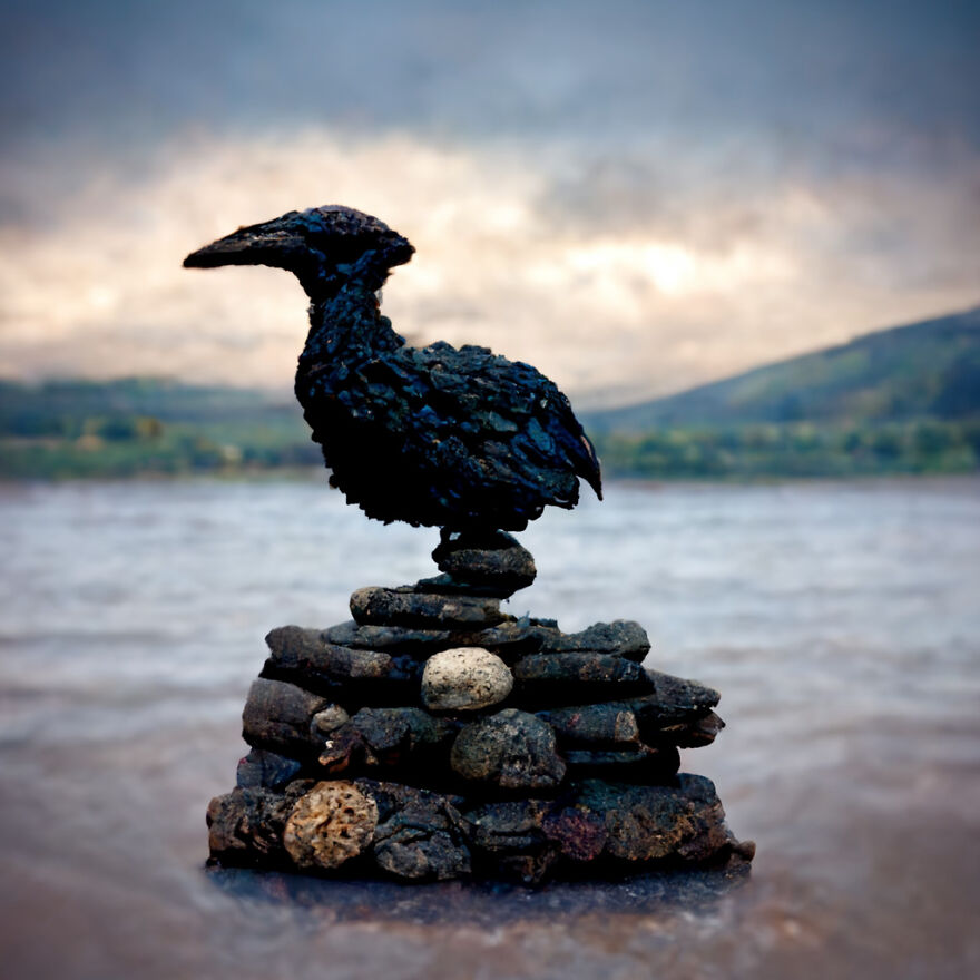 Black bird sculpture made of rocks standing on stacked stones by a lake, showcasing AI-created fantasy world elements.