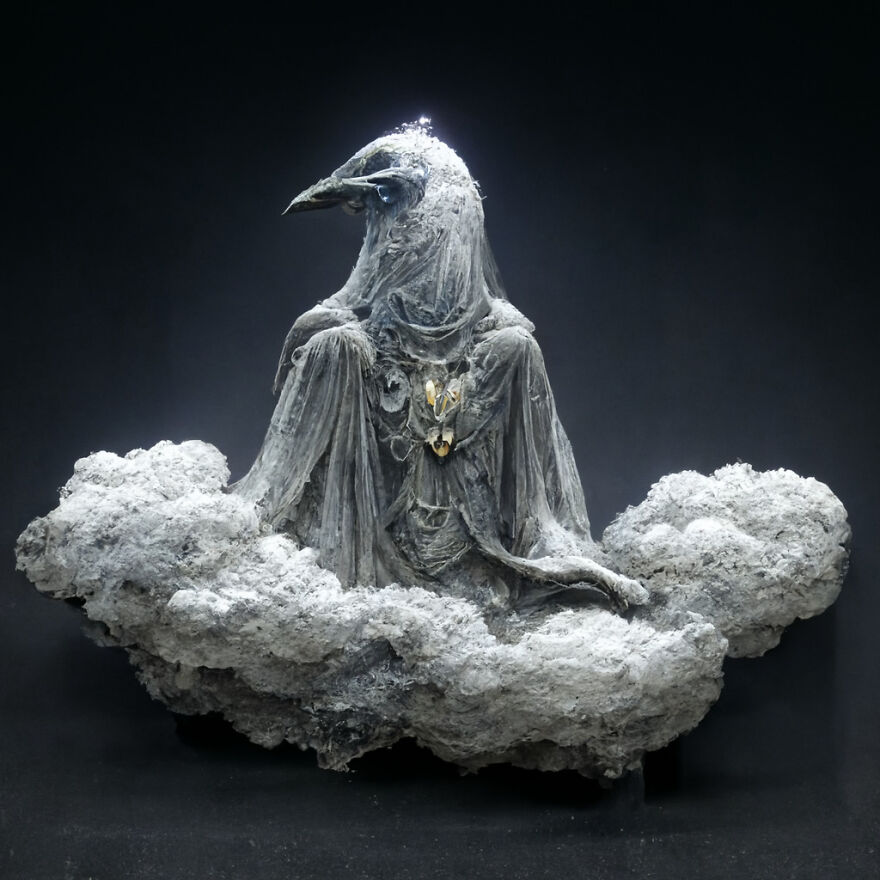 Sculpture of a fantasy bird creature seated on textured clouds, showcasing the power of AI in imaginative world creation.