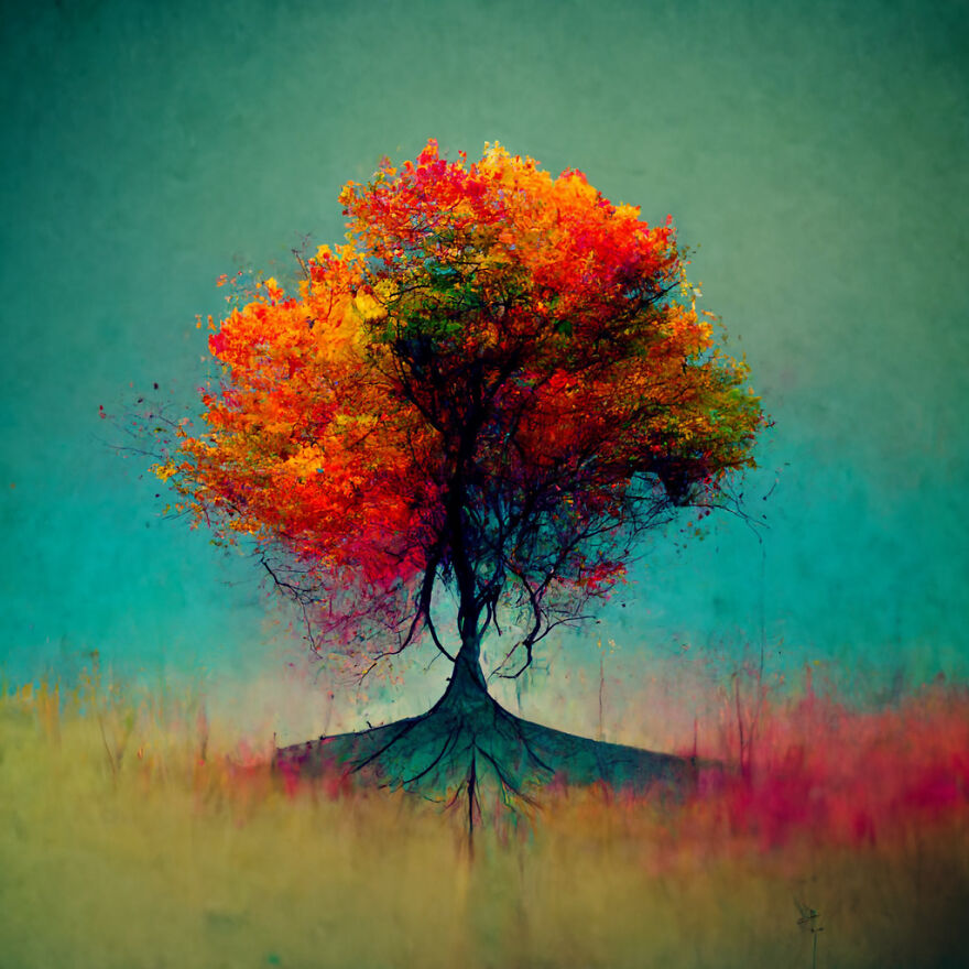 Vibrant fantasy tree with autumn leaves blending real world elements, showcasing the power of AI creativity in a surreal landscape.