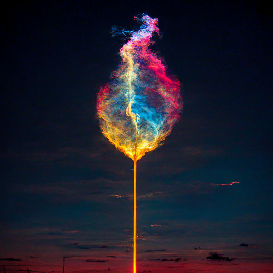 Colorful glowing abstract flame resembling a fantasy world created by AI floating against a dark sky background.