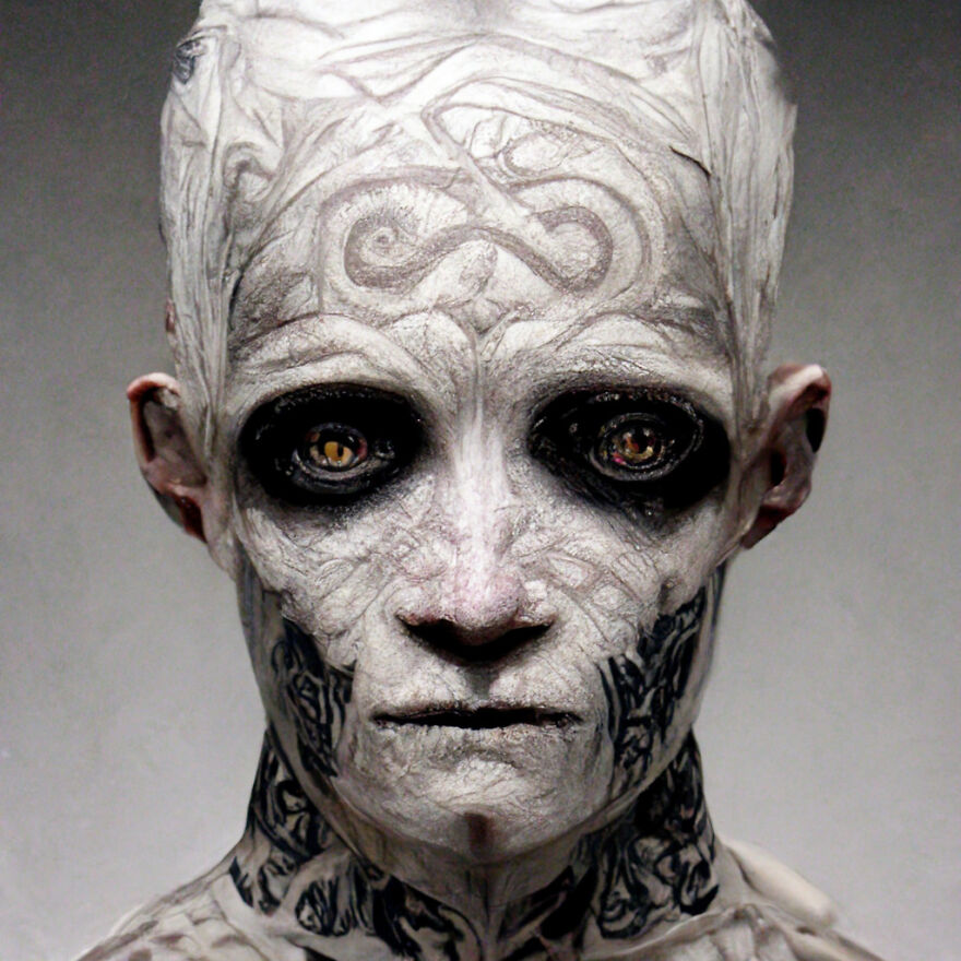 Fantasy world character with intricate tattoos and glowing eyes, highlighting the power of AI in creative design.