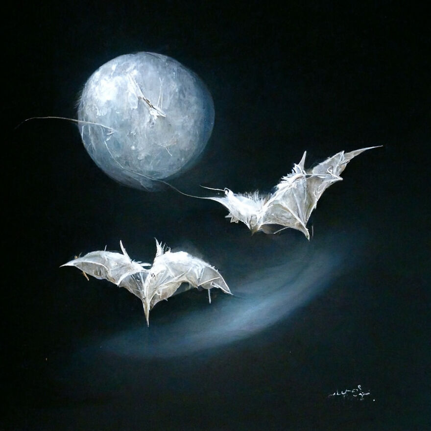 Futuristic fantasy world with AI-created ethereal bats flying near a glowing moon in a dark night sky.