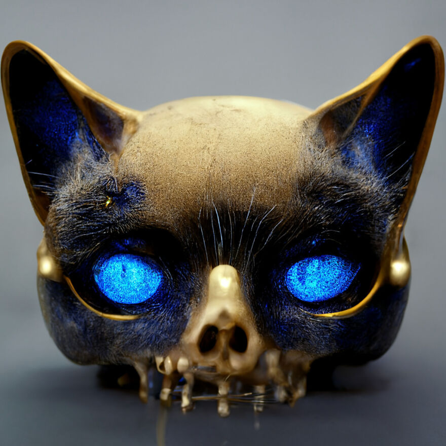 Futuristic fantasy cat skull with glowing blue eyes, showcasing the power of AI in creating surreal real-world inspired art.