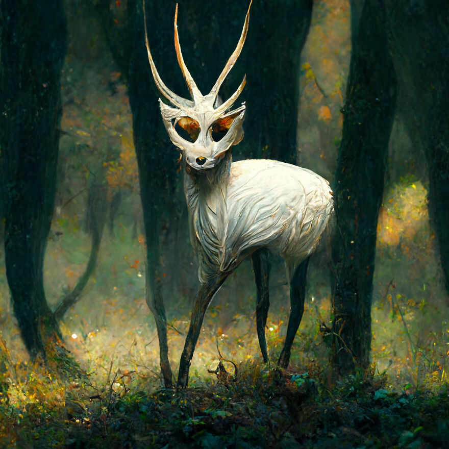 A fantasy creature resembling a deer with an intricate antler mask in a mystical forest, showcasing the power of AI creation.