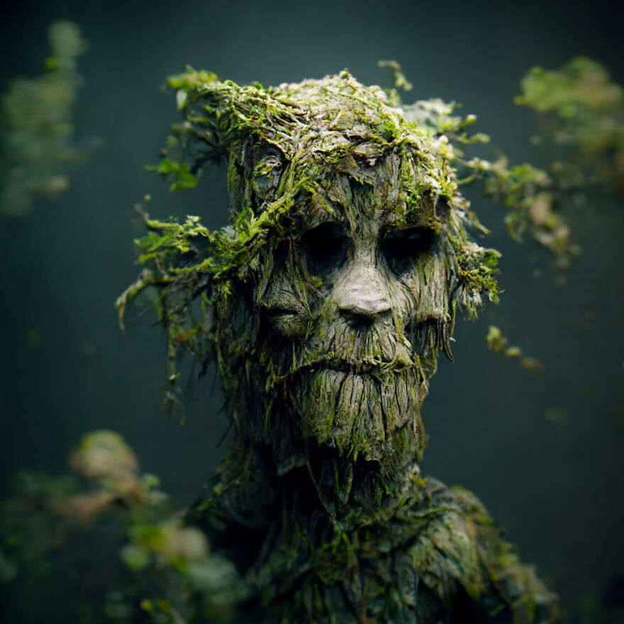 Fantasy world AI-created tree creature with moss and bark details blending real world elements in dark forest setting.