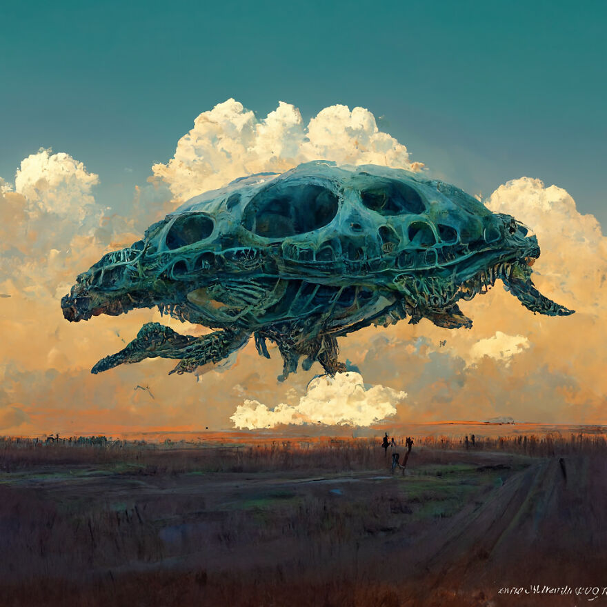 A fantasy world AI creation showing a giant floating skull-shaped creature over a vast landscape at sunset.
