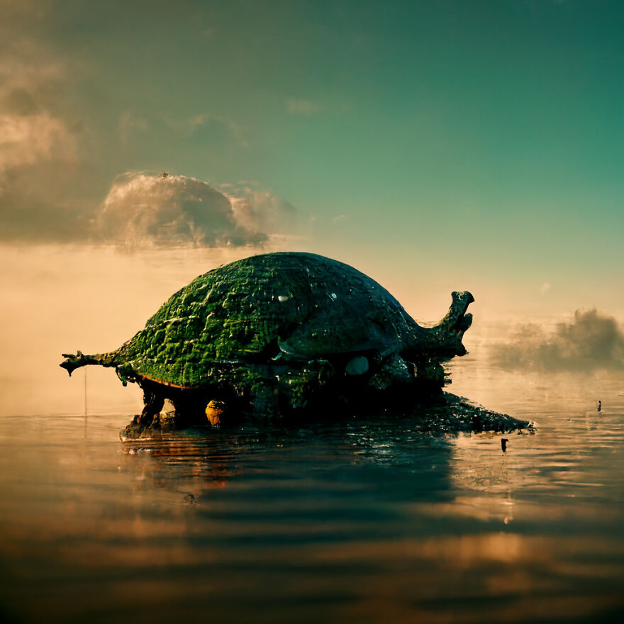 A fantasy world turtle with mossy shell emerging from water, blending real world elements with AI creative power.