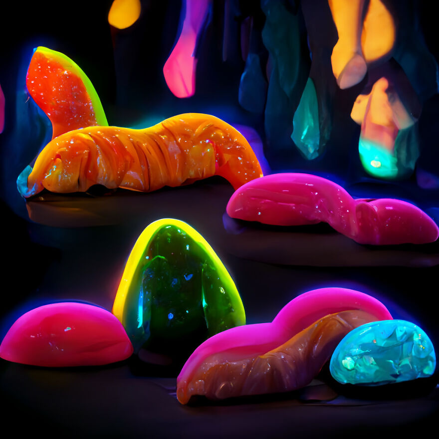 Colorful glowing shapes in a fantasy world inspired by real-world elements created using AI technology.