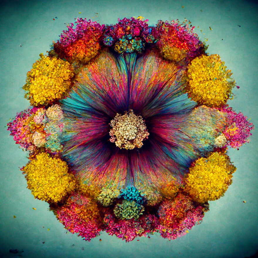 Vibrant fantasy world art created with the power of AI featuring colorful, surreal floral patterns inspired by real elements.