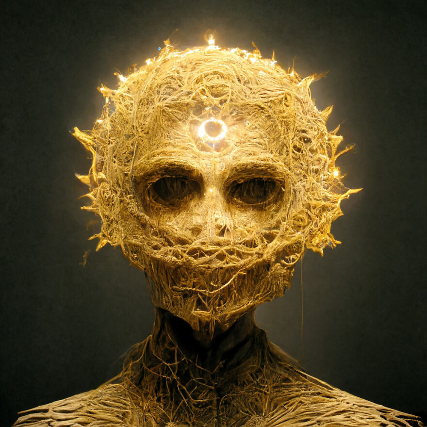 Surreal fantasy figure made of glowing intertwined roots and branches, showcasing the power of AI creativity.