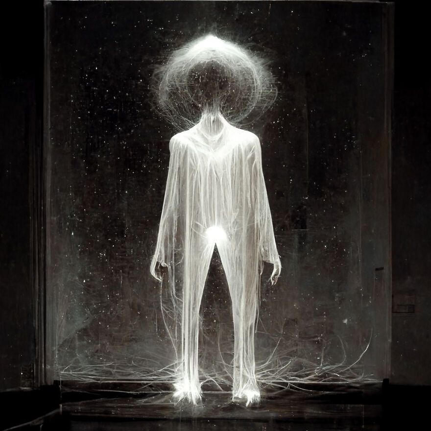 Ethereal figure glowing with white light strands in a dark fantasy world created using the power of AI.