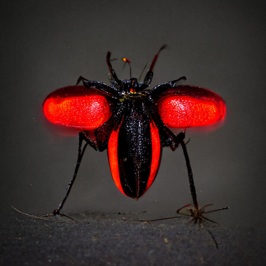 Close-up of a red and black insect with glowing wings, illustrating the power of AI in creating fantasy world visuals.