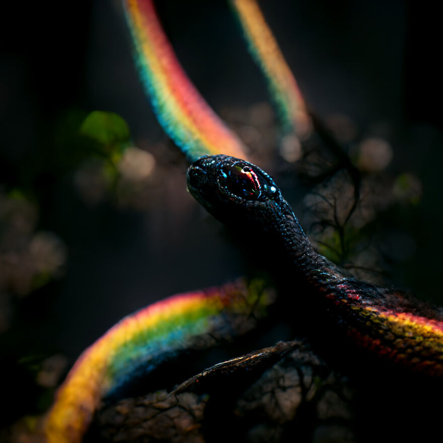 Black snake with vibrant rainbow colors along its body in a dark fantasy world inspired by real world elements.