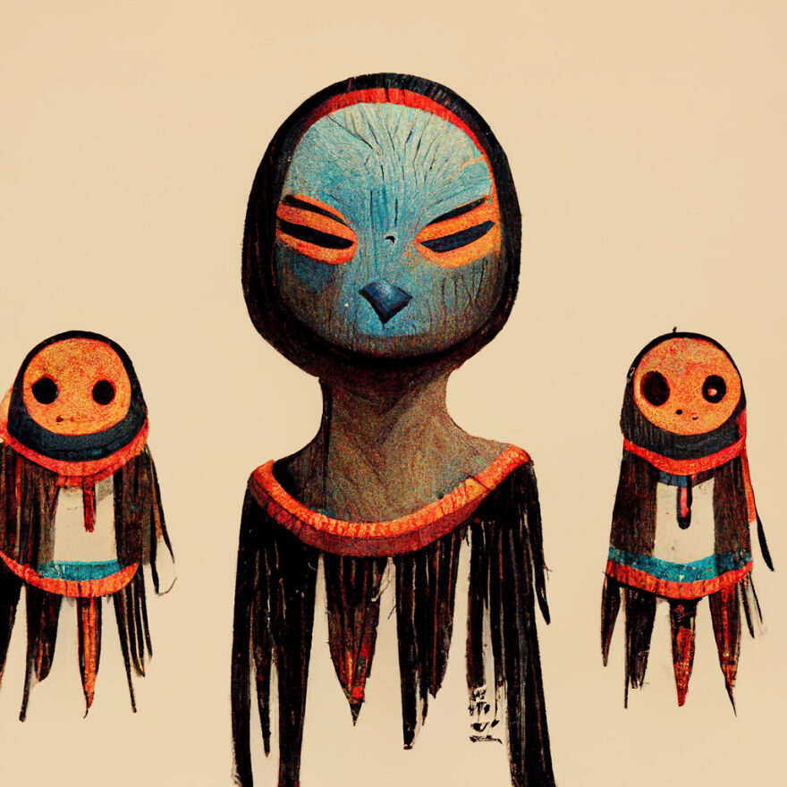 Fantasy world characters with tribal masks and fringe details, inspired by AI-powered creations and real world elements.