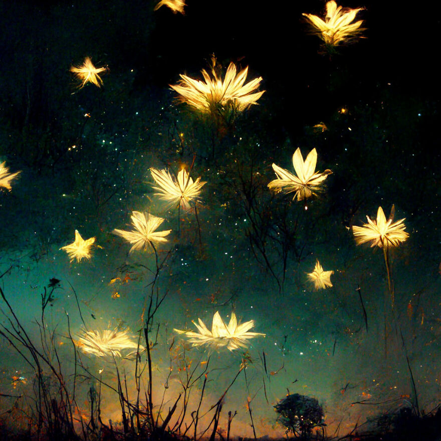 Glowing fantasy flowers floating above dark foliage in a mystical scene created with the power of AI.