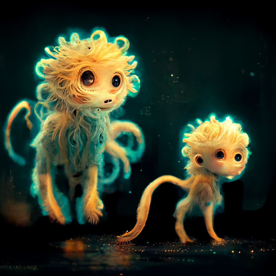 Two glowing fantasy creatures with large eyes and wispy fur, showcasing the power of AI in creating a fantasy world.