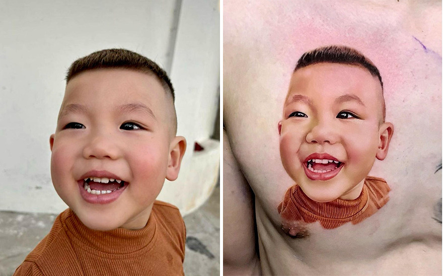 A hyper-realistic tattoo of a child's face and expression on the skin, showcasing detailed artistry.