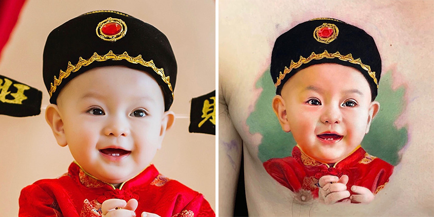 Hyper-realistic tattoo of a smiling baby in traditional attire, perfectly detailed on skin.
