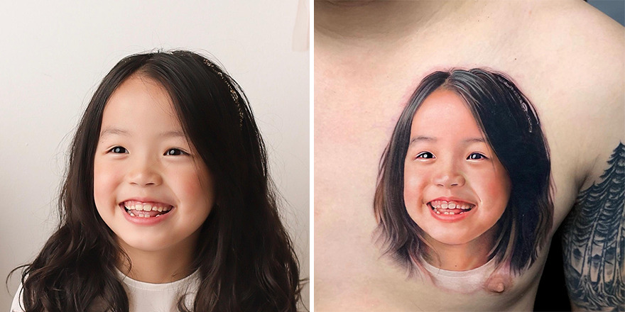 A hyper-realistic tattoo of a young girl's face, imprinted on skin, next to a photo of the same girl smiling.