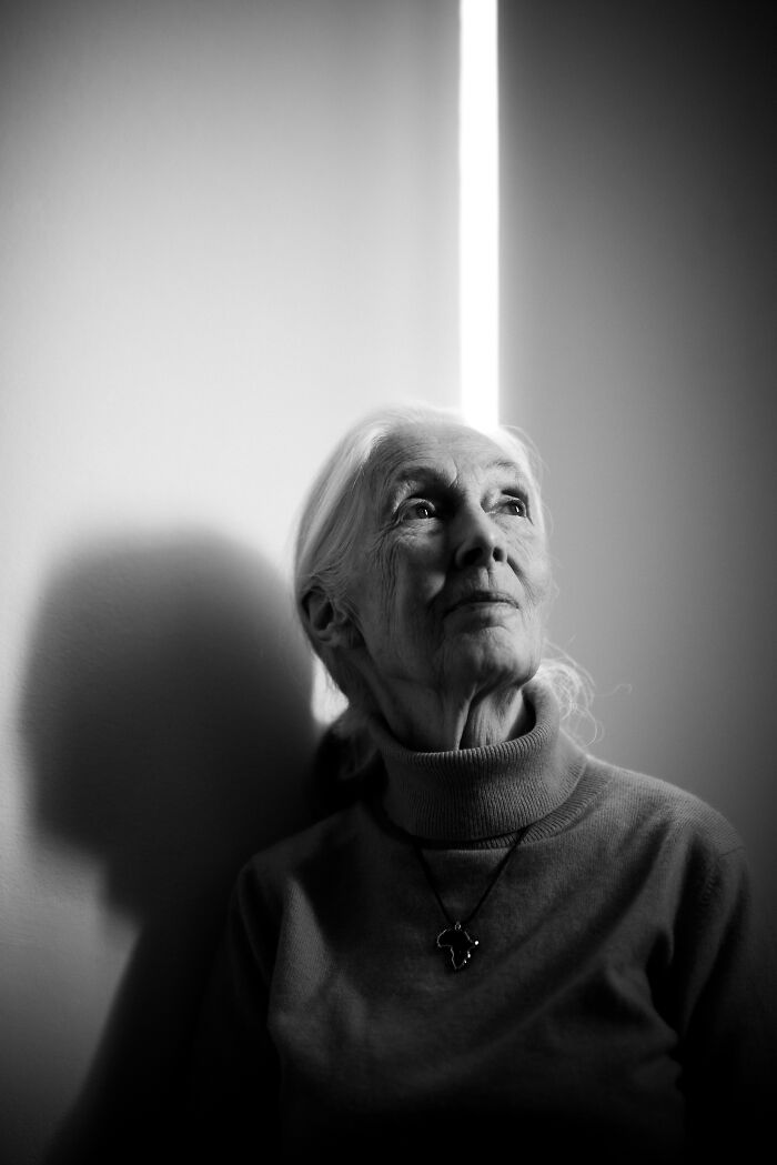 Elderly woman with white hair looking up, captured in a powerful portrait by photographers worldwide in black and white.