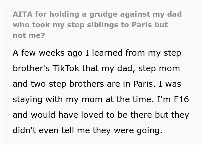16 Y.O. Daughter Disappointed With Her Father As He Did Not Invite Her On His New Family's Paris Vacation, Gets Called A Jerk