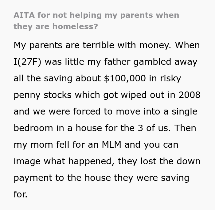 Daughter Is Upset Her Parents Only Listen To Her When They Need Money, So She Doesn't Give Them Any Despite Them Being Homeless Daughter Is Upset Her Parents Only Listen To Her When They Need Money, So She Doesn't Give Them Any Despite Them Being Homeless