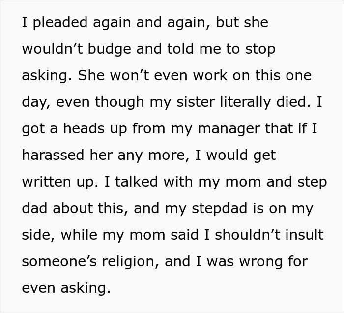 Woman's Sister Dies Unexpectedly, She Asks For A Day Off Work, But Coworker Says No Because Of Her Religious Beliefs - 5