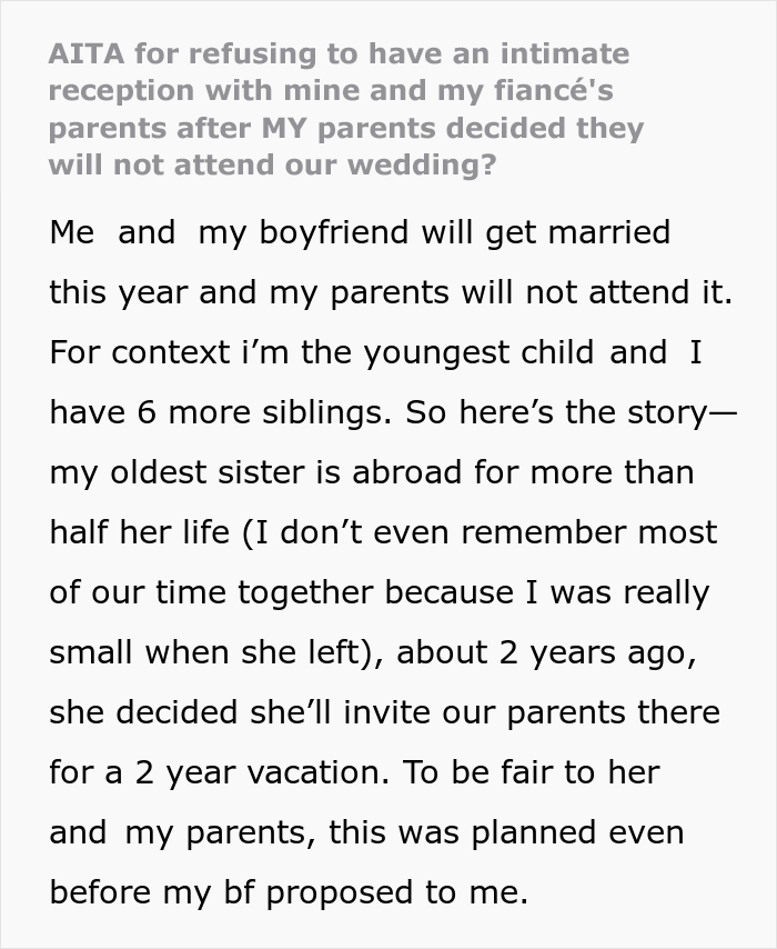 Bride-To-Be Asks If She's Wrong To Be Angry With Parents For Going On Vacation Instead Of Attending Her Wedding - 2