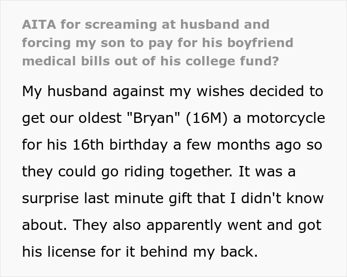 &ldquo;AITA For Screaming At My Husband And Forcing My Son To Pay For His Boyfriend&rsquo;s Medical Bills Out Of His College Fund?&rdquo;
