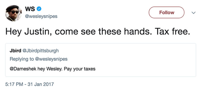 Wesley Snipes Invited Justin To Catch These Hands When Someone On Twitter Decided To Bring Up Wesley's Decade-Old Tax Evasion Scandal
