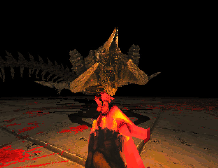 Player aiming a gun at a pixelated dragon breathing fire in a dark setting from a top indie games title.