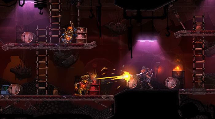 Action scene from an indie game featuring characters shooting and navigating a dark industrial platform environment.