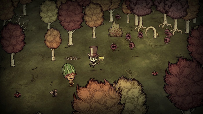 Indie game characters exploring a dark forest with creepy creatures and autumn-colored trees in a survival adventure scene.