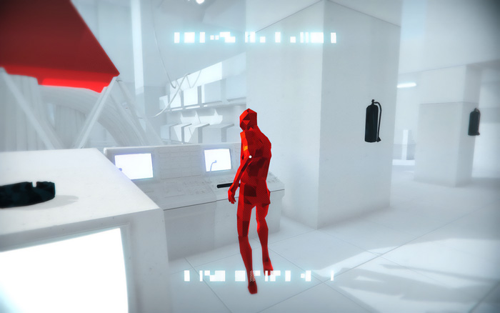 Stylized red character holding a gun inside a minimalistic white environment featuring monitors and punching bags in an indie game.