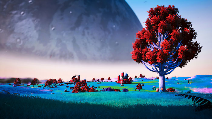 Vibrant alien landscape with red-leaved trees under a large moon, showcasing top indie games environment design.