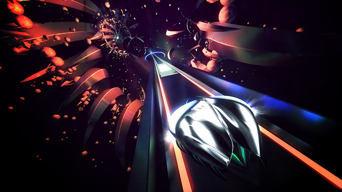 Futuristic spaceship racing through a colorful tunnel filled with glowing obstacles in an indie games environment.