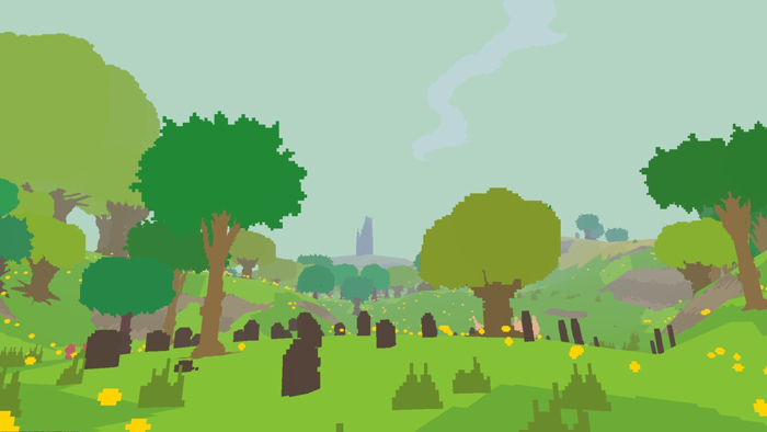 Pixelated landscape from an indie game featuring green hills, trees, stone markers, and a distant castle under a cloudy sky.