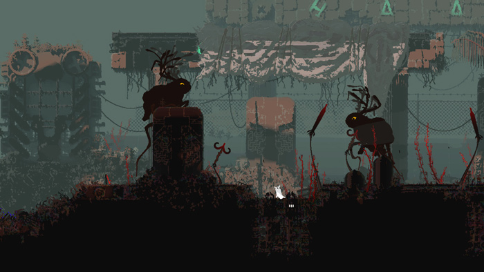 Dark pixel art scene of a small character facing large creatures in a post-apocalyptic setting in indie games.