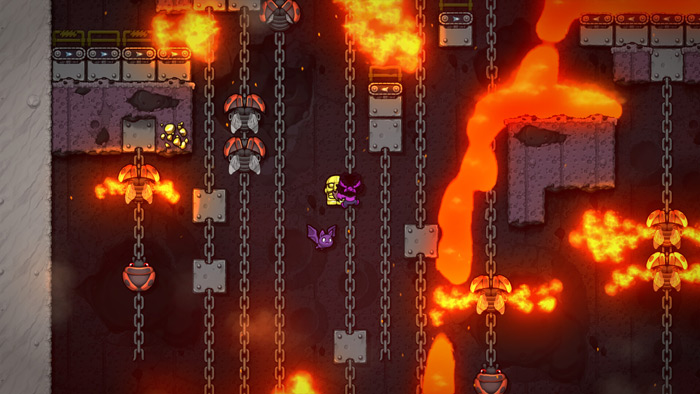 Pixel art indie game scene with lava, chains, and characters navigating a fiery dungeon in top indie games to look out for.